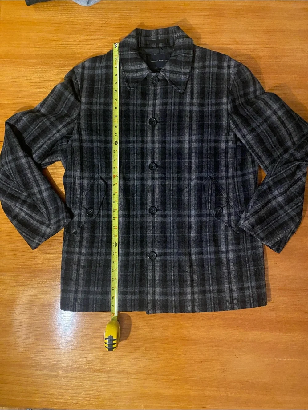 Vintage Banana Republic Gray and Black Plaid Wool Blend Pea Coat